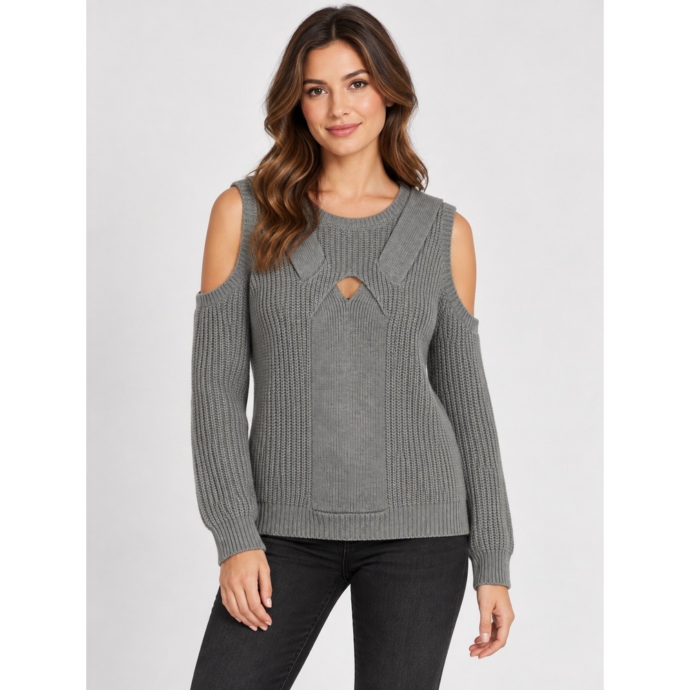 Venus Gray Cold Shoulder Cutout Ribbed Knit Sweater Long Sleeve Womens